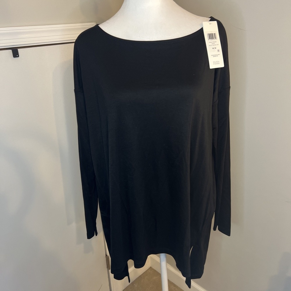 Eileen Fisher Black Ballet Boat Neck Box Top Long Sleeve Tencel Interlock M NWT